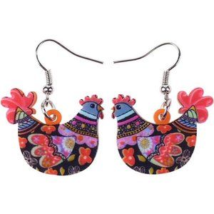 Charming Acrylic Hen Chicken Drop Earrings - Funny Farm Design Adorable Gift